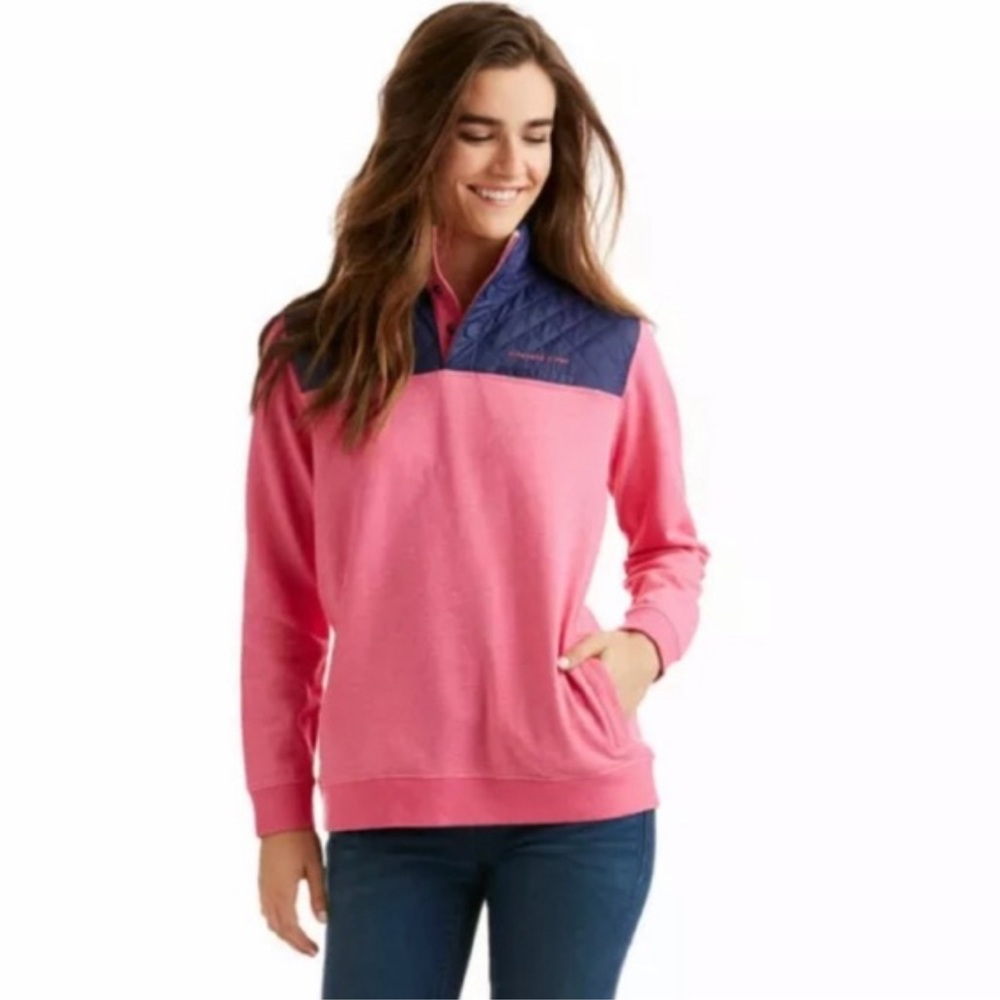 Vineyard Vines Pink and Blue Pullover Snap‎ Hooded Sweater Large